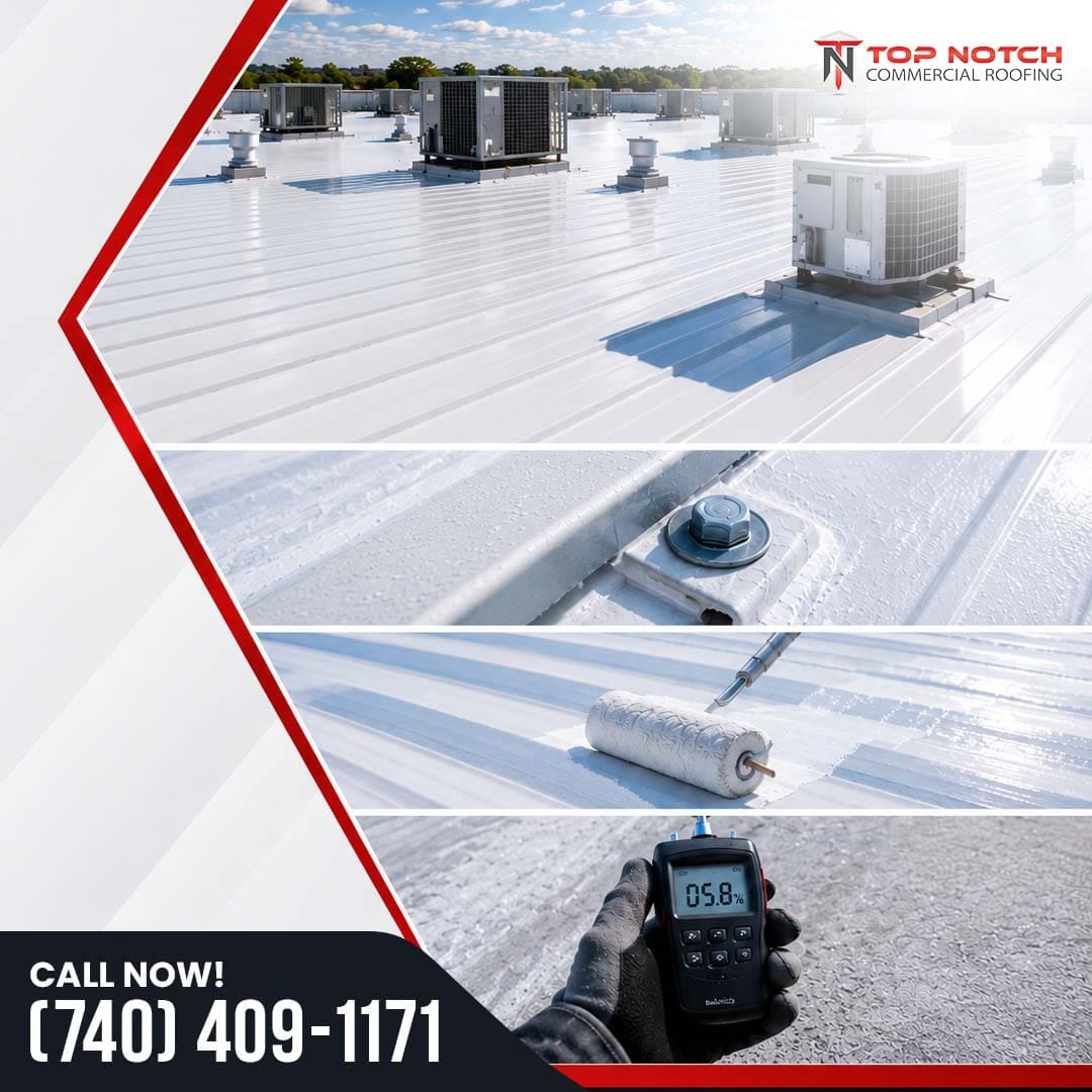 A collage showing a bright white commercial flat roof with HVAC units, a sealed structural fastener, a paint roller applying white roof coating, and a worker using a digital moisture meter.