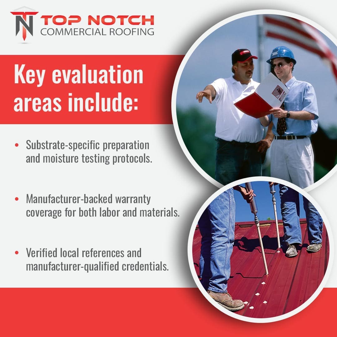 Top Notch Commercial Roofing infographic listing key evaluation areas, including substrate preparation, moisture testing, and manufacturer-backed warranties. Inset images show two managers reviewing roofing plans and workers applying fasteners to a red metal commercial roof.