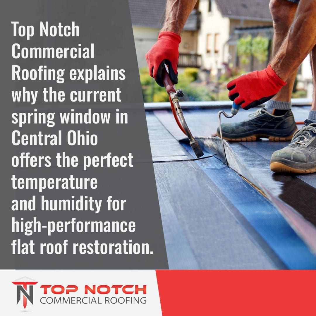 Top Notch Commercial Roofing applying a high-performance roof coating during spring in Central Ohio to restore and protect flat commercial roofing systems.