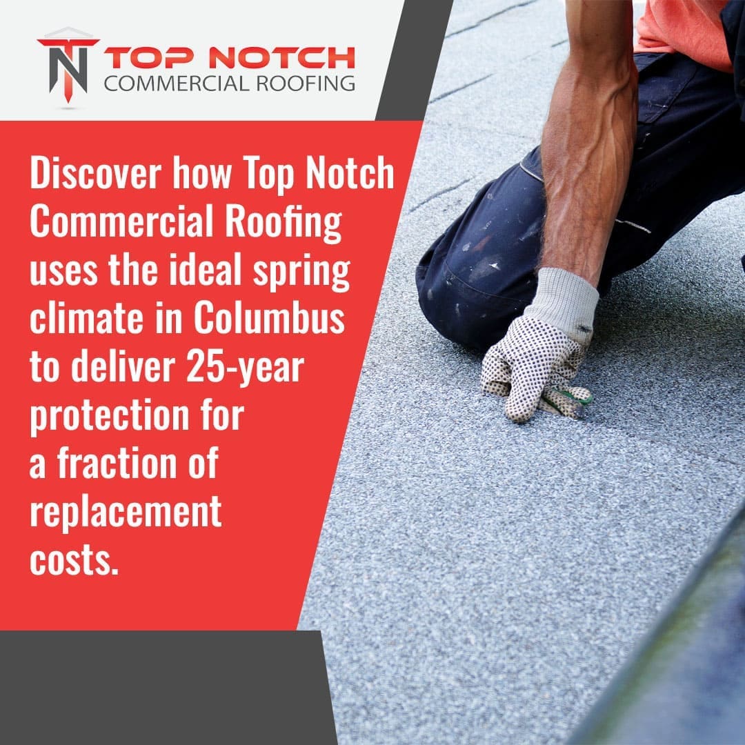 Top Notch Commercial Roofing restoring a flat roof in Columbus, Ohio using spring weather conditions to deliver long-lasting protection at a fraction of replacement costs. File Name: top-notch-flat-roof-restoration-columbus-ohio